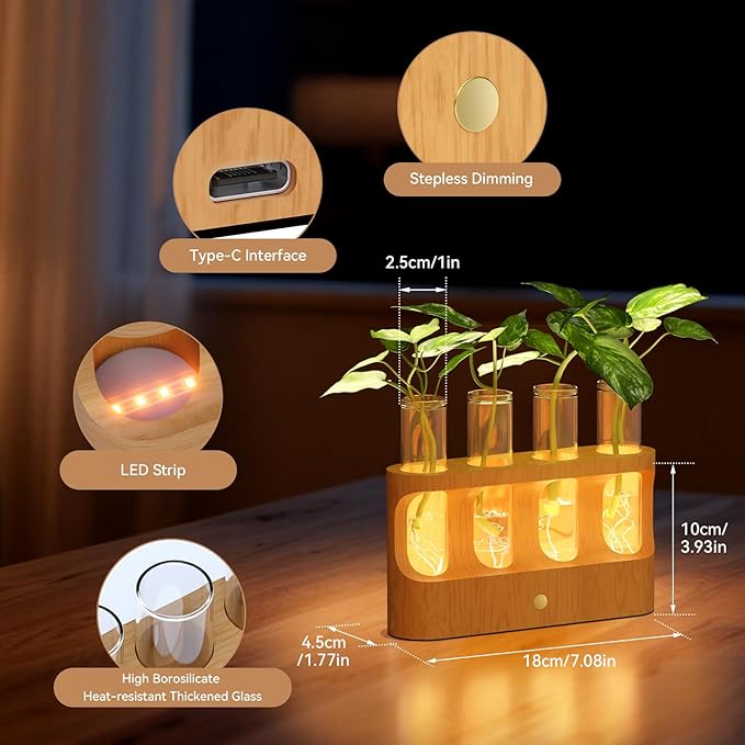Rechargeable Plant Propagation Station with Stepless Dimming LED Light, Wooden Stand, 4 Glass Test Tubes, Home Decor for Hydroponic Plants, Unique Gifts for Women & Plant Lovers