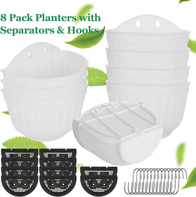 AKOLAFE 8 Pack Vertical Wall Planters for Indoor Plants Living Wall Planter Outdoor Walls Plant Holder with Hook White Walls Hanging Planter Resin Flower Pot Basket for Garden Railing Balcony Fence