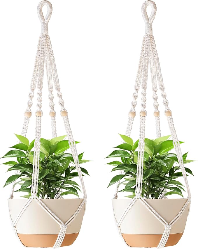 35 Inch Macrame Plant Hanger Indoor with Wood Beads and No Tassels,Strong Hanging Planter Flower Pot Holder for Indoor Outdoor Boho Home Decor,Set of 2,Ivory(Pots Not Included)