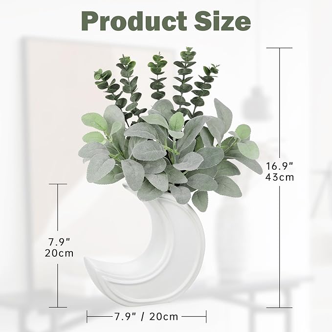 Fake Eucalyptus Plant in Crescent Moon Vase, 17" Faux Greenery Potted Plant, Rustic Moon-Shaped Ceramic Planter with Artificial Eucalyptus Leaves for Table Centerpiece Shelf Office Farmhouse Decor