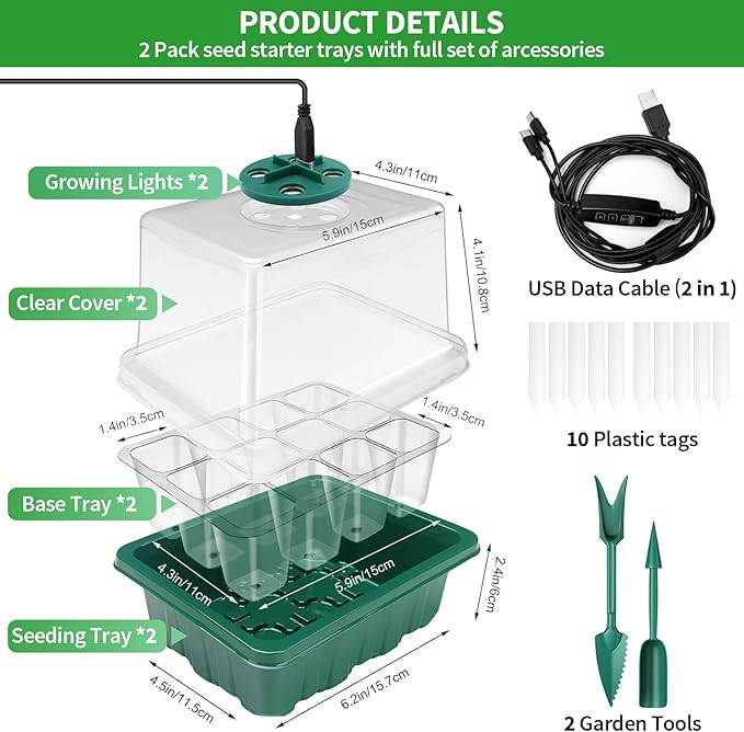 Qoolife Seed Starter Tray with Plant Light, 4 Pack Grow Lights for Seed Starting Kit with Humidity Domes, Timing Controller Adjustable Brightness for Greenhouse Propagator Station Planting Growing