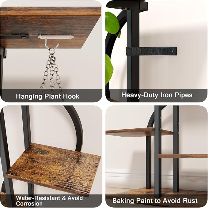 REFGY 6-Tier Tall Plant Stand with Hanging Hook, Multi-Tiered Vertical Flower Pot Holder for Indoor Outdoor, Heavy Duty Metal Plant Shelf for Corner, Living Room, Balcony, Patio, Rustic Brown