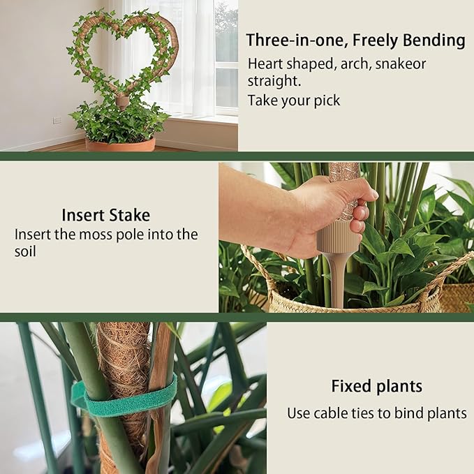 3 Moss Poles in 1, Bendable Monstera Plant Support, 30IN Tall Plant Stakes for Indoor Plants, Coir Pole Plant Support for Climbing Plants, Pothos, Philodendron-2 Pack