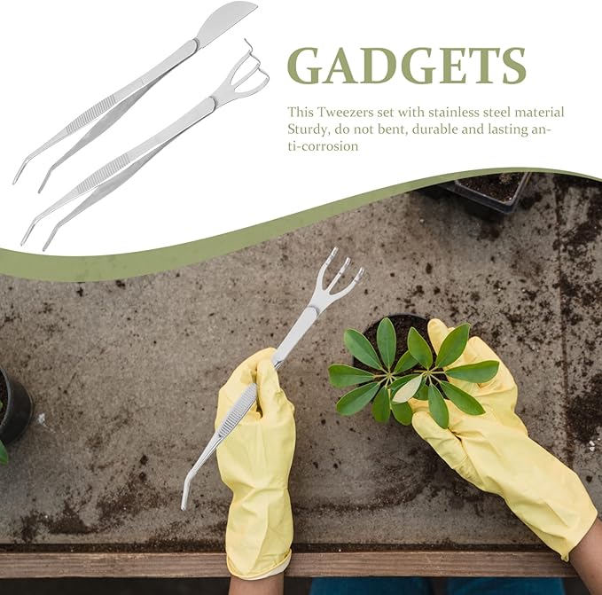 GANAZONO Bonsai Tool Set with Precision Tweezers Rake and Moss Spatula 8.66 Inch Stainless Steel Gardening Tools for Miniature and Potted Plants Care