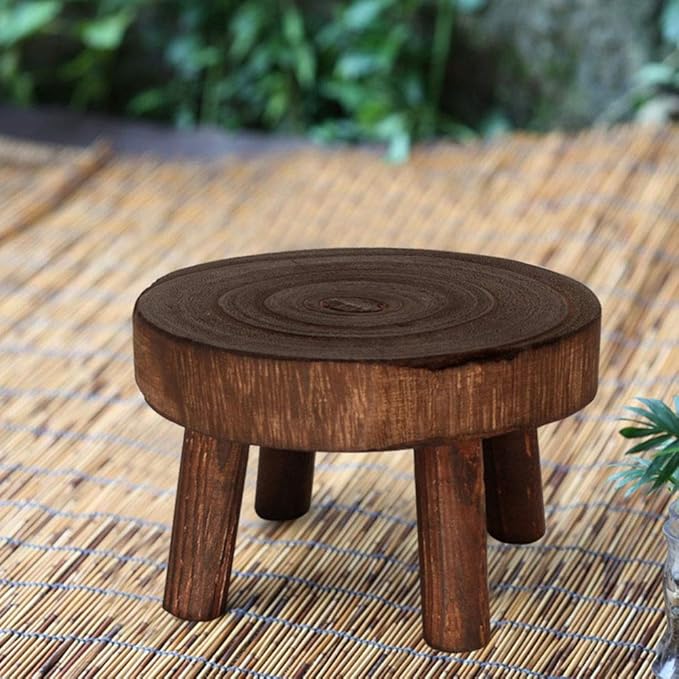 UNIE Mini Wooden Stool Round Garden Flower Display Stand Decorative Short Stool for Indoor Outdoor Office Dining Room, Brown, Small, (200716LY03-1-6767-1046476311)