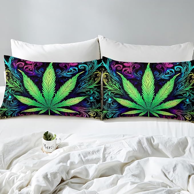 Feelyou Kid's Bed Sheet Set King Marijuana Sheets Set Cannabis Weed Leaf Bedding Set for Boys Girls Teens Bedroom Decor Ultra Soft Microfiber Trippy Colorful Fitted Sheet + Flat Sheet + Pillow Case