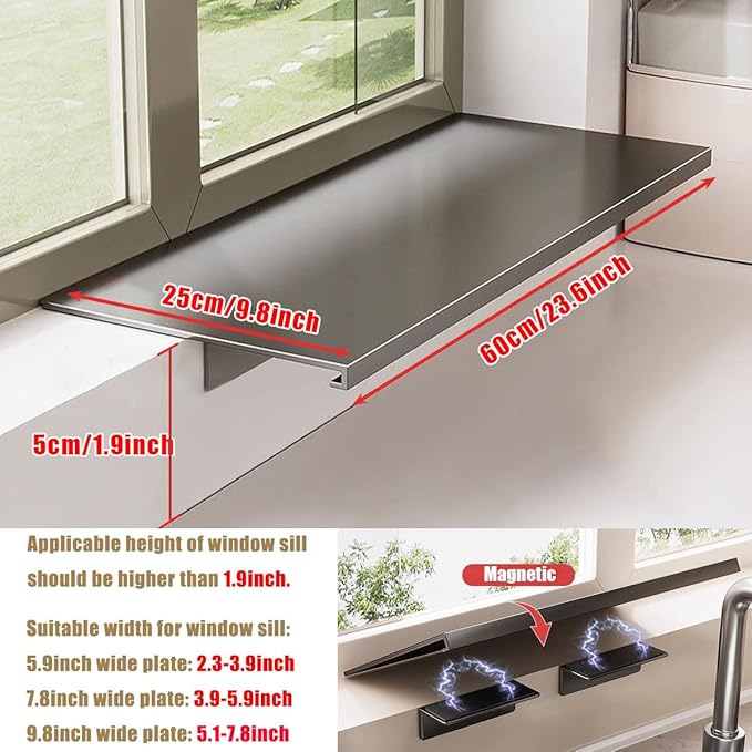 Window Sill Extender Plate, 23.6inch Carbon Steel Storage Shelf, Heavy Duty Countertop Extension Board with Magnetic Base for Kitchen Organization Storage (23.6x9.8in/60x25cm)