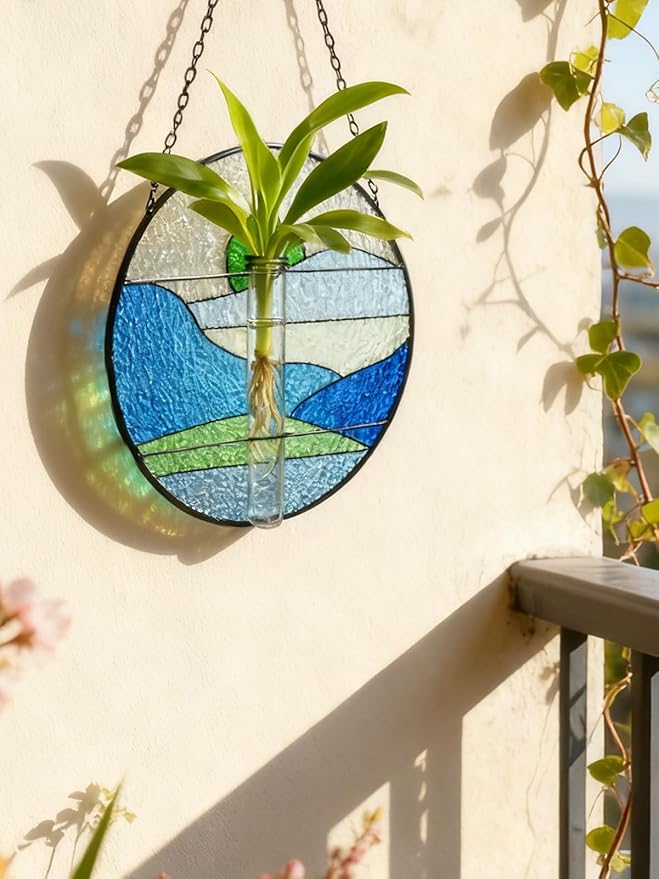 Stained Glass Propagation Stations - Sunshine Catcher Window Hanging Plant Holder, Terrariums Wall Decor for Women Mom Plant Lovers Gardening Gifts, Blue
