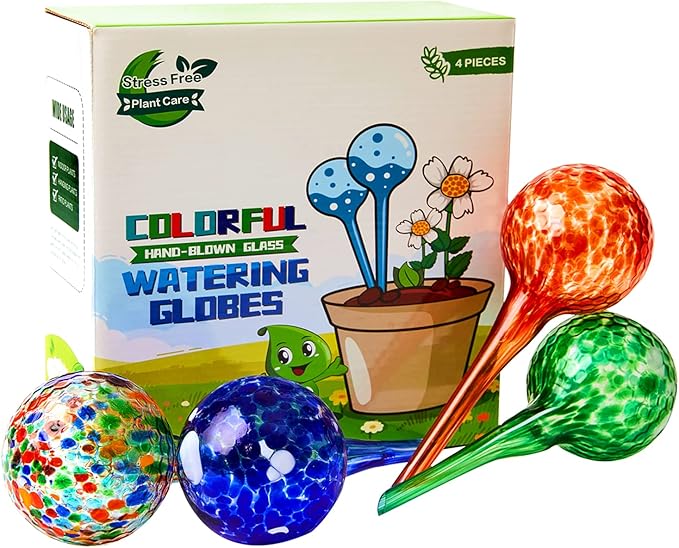 4 Pack Plant Watering Globes Indoor Colorful Hand-Blown Glass Self Watering Bulbs Decorative Design Plant Automatic Self Watering Spikes (Small Colorful)