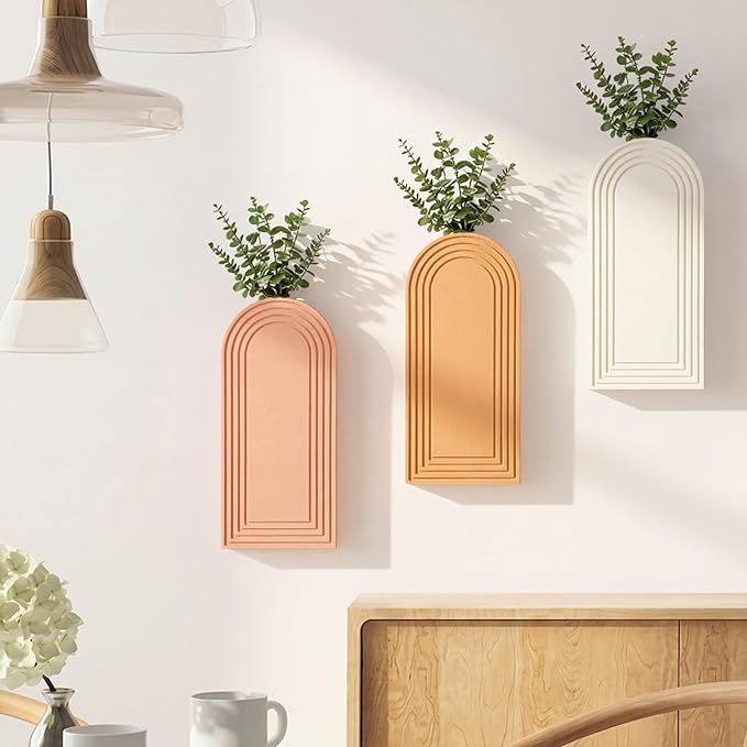 6 Pack Boho Wooden Wall Vase Hanging Wall Planters Decor Modern Farmhouse Plant Holders for Indoor Living Room Bedroom Bathroom Kitchen Home Office Decoration(Classic Colors)