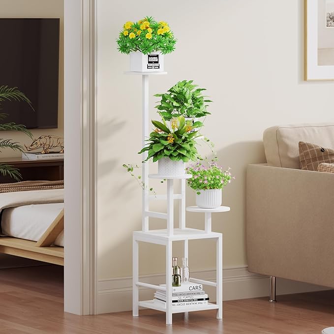 Homsorout Plant Stand Indoor with Grow Light, 5-Tiered Tall Plant Stand Indoor, Metal Plant Shelf with Adjustable Light, Ideal for Living Room, Garden, Round Patio white