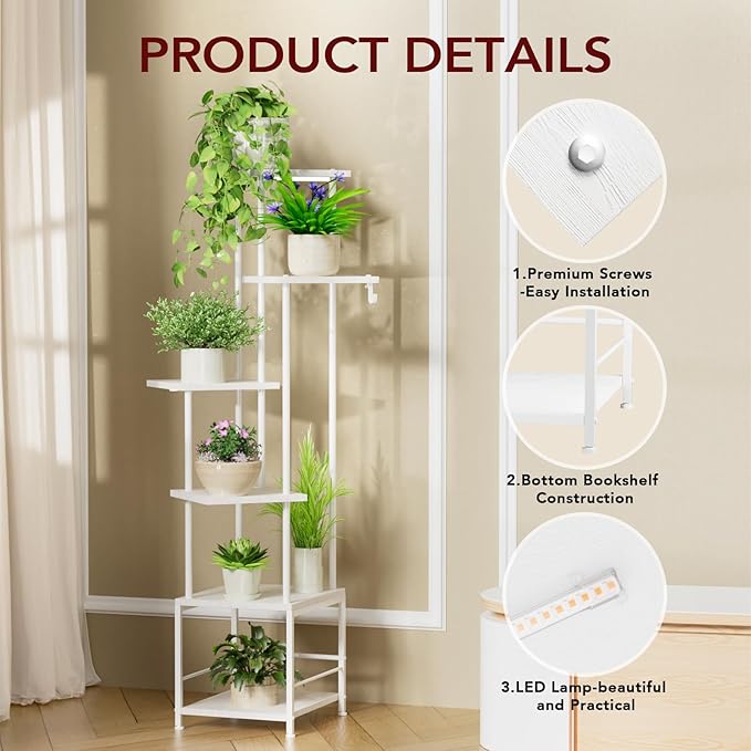 Homsorout Plant Stand Indoor with Grow Light, 6-Tiered Tall Plant Stand Indoor, Metal Plant Shelf with Hanging Basket Hook and Adjustable Light, Ideal for Living Room, Garden, Patio white