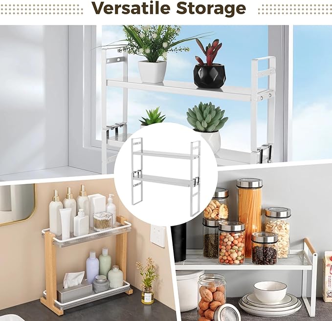 Expandable Window Shelf for Plants, 2-tier Adjustable Metal Storage Rack, Slim Kitchen Sink Organizer, Narrow Countertop Storage Holder, Rust Resistant White Finish