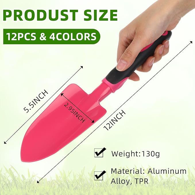 Yaocom 12 Pcs Garden Shovel Aluminum Alloy Heavy Duty Trowel Small Digging Shovels Metal Hand Trowel Spade with Soft Handle for Garden Lawn Yard Planting Tool (Wide Shovel,Fuchsia,Purple,Blue,Pink)
