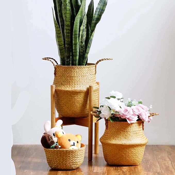 Seagrass Plant Basket Set of 3 Handmade Woven Belly Basket with Handles 3 Different Size Home Decor Storage Basket Large Storage Laundry Picnic Plant Pot Cover Pot Woven Straw Basket(S+M+L,Original)