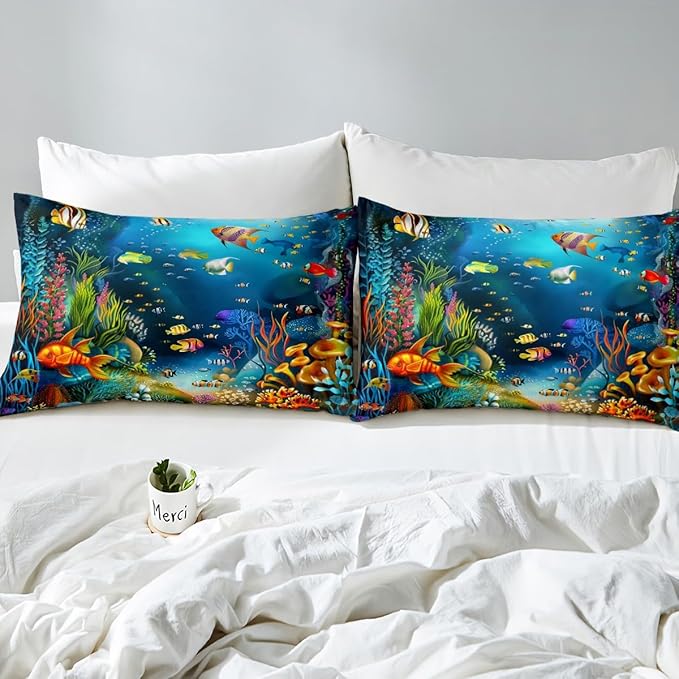 Feelyou Kids Sheet Set Queen Cartoon Ocean Fish Bed Sheets Ocean Marine Theme Bedding Set for Boys Girls Soft and Cozy Sea Underwater World Sheets Set with Sealife Deep Pocket Fitted Sheet,Vibrant