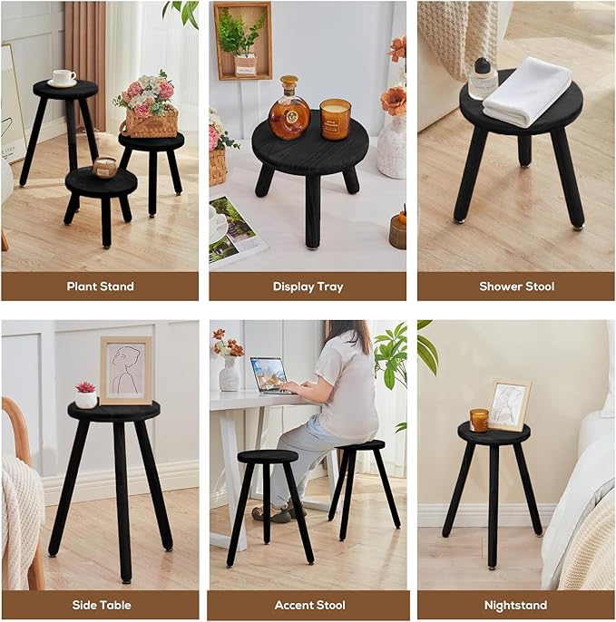Small Round Side Table Adjustable Height Solid Wood Drink Table Indoor Tall Plant Stand Multi-Use Accent Stool-11‘’D × 20“H (Black)
