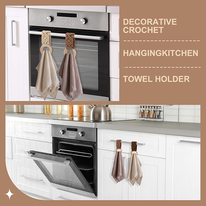 Tioncy 4 Pcs Kitchen Dish Towel Holder Boho Handmade Crochet Hanging Towels Loop Ring Knit Towel Hanger for Cabinet House Oven Stove Door, 4 Colors(Brown)