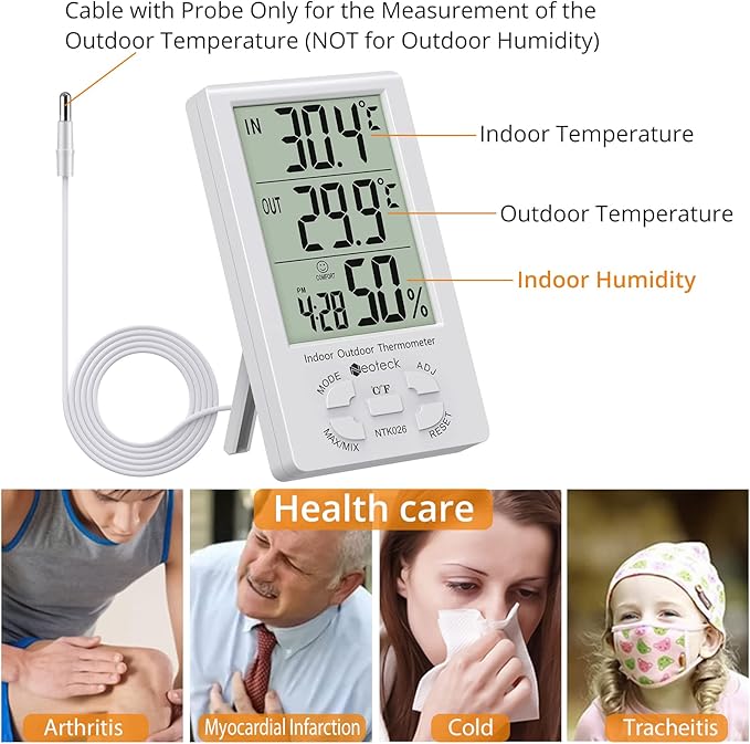 Neoteck 3 in 1 Thermometer Hygrometer with Clock Large LCD Display, Digital Humidity Temperature Meter 1.5m Sensor Wire for Indoor Outdoor Use