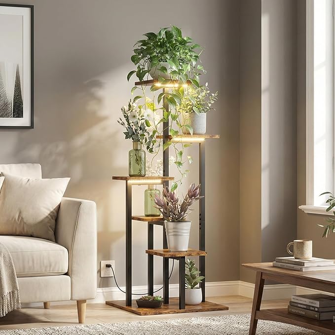 6 Tier Plant Stand Indoor with Grow Light, Tiered Plant Stands for Indoor Plants Multiple, Corner Flower Stand for Living Room, Multi-Layer Vintage Design Plant Shelf