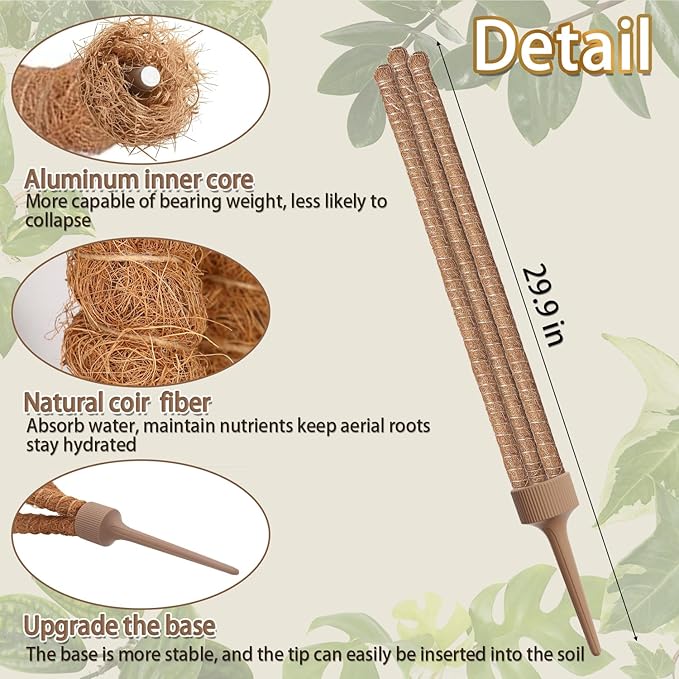 3 Moss Poles in 1, Bendable Monstera Plant Support, 29.9IN Tall Plant Stakes for Indoor Plants, Coir Pole Plant Support for Climbing Plants, Pothos, Philodendron-1 Pack