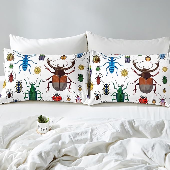 Feelyou Kid's Sheets Set Twin Size Cute Cartoon Bug Flying s Pattern Bed Sheet Set Soft Breathable Colorful Beetle Sheets Boys Bedroom Decor Bedding Set (1 Flat Sheet + 1 Fitted Sheet +1 Pillow Case)