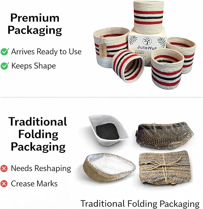 Plant Basket Set of 5, Handwoven Jute Planter Baskets for Indoor Plants, Home Decor and Nursery, Woven Rope Baskets, 5 to 8 Inch, White with Red and Black Stripes