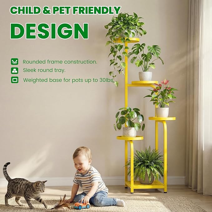 TOSKING 5 Tier Tall Plant Stand Indoor Outdoor,Anti-Tip Plant Stand indoor, Wide Base for Pots, Child and Pet Friendly,Heavy Duty Corner Shelf for Plants & Decor, Space Saving ,Tiered Metal Flower Pot Stand for Balcony, Garden, Living Room, Patio (Yell...