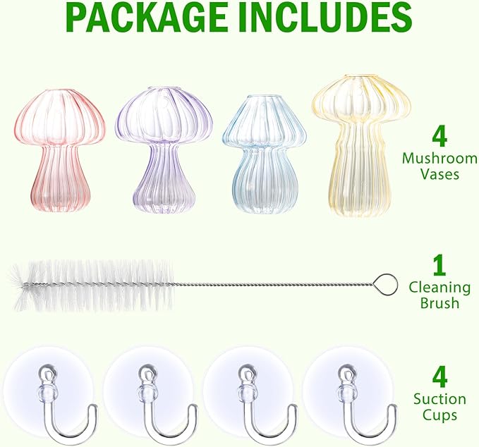 Bunmery Window Propagation Stations, 4 pcs Colored Mushroom Plant Propagation Station with Suction Cups, Easy to Install Window Hanging Planer, Indoor No Nails Glass Vase Terrarium for Plants&Flowers