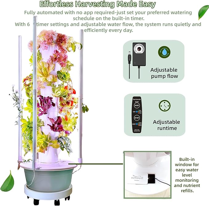 Hydroponics Growing System Kit with LED Grow Lights,8-Layer Vertical Garden Tower, 32 Pods Large Planting Sites, 8 Gallon Indoor Growing System for Vegetables, Herbs & Tomatoes, Pump&Dual Timer