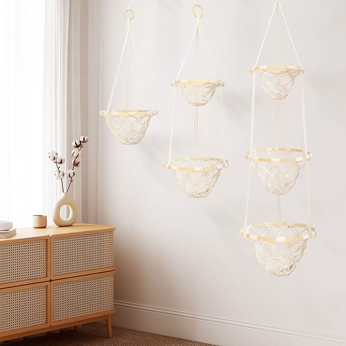 3 Tier Macrame Hanging Fruit Basket, Boho Vegetable Holder for Kitchen Food Storage with Hook, Bohemian Cotton Produce Multi Organizer, Plant Hanger Decor for Home Living Room Women Christmas Gift