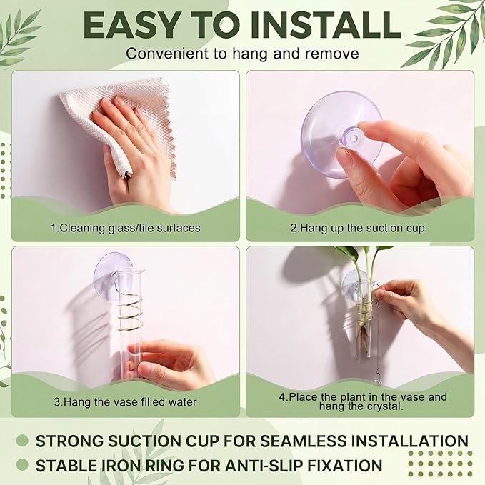 Zhehao 4 Set Window Hanging Propagation Stations 5.9'' Plastic Propagation Vases with Suction Cup & Crystal Pendants, Propagated Plant Holder Wall Jars for Home Office Garden Decoration Lover Gift