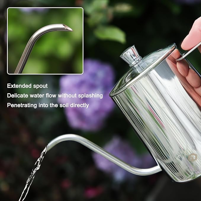 OFFIDIX Watering Can for Indoor Plants,Long Spout Metal Stainless Steel 21 oz Watering Can with 14 oz Glass Plant Mister Spray Bottle for House Plant Bonsai