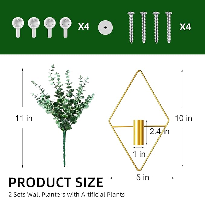 2 Pack Gold Wall Decor Hanging Planters with Artificial Plants Metal Hanging Vase Indoor Plants Holder Modern Boho Wall Art for Bathroom Bedroom Living Room Office (Gold, Eucalyptus)