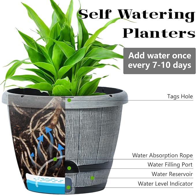 Sun-E Whiskey Barrel Self Watering Planters 10 Inch 3Pack with Water Level Window, Drainage Holes, Saucers & Plant Tags-Gray Imitation Wood Grain Pots for House Plants,Plants&Decor Not Included