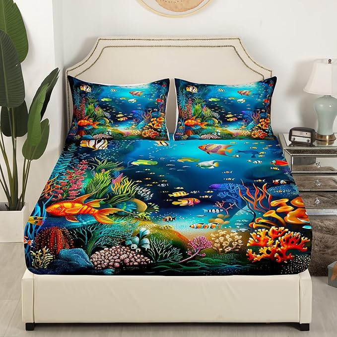 Feelyou Kids Sheet Set Twin Cartoon Ocean Fish Bed Sheets Ocean Marine Theme Bedding Set for Boys Girls Soft and Cozy Sea Underwater World Sheets Set with Sealife Deep Pocket Fitted Sheet,Vibrant
