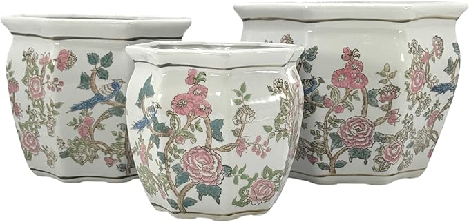 Galt International Multi Color Peony Round Fluted Floral Porcelain Ceramic Plant Flower Planter Pot Set of 3 (7.5", 10", 13") Garden Pots Chinese Asian Design Pink Blue Green
