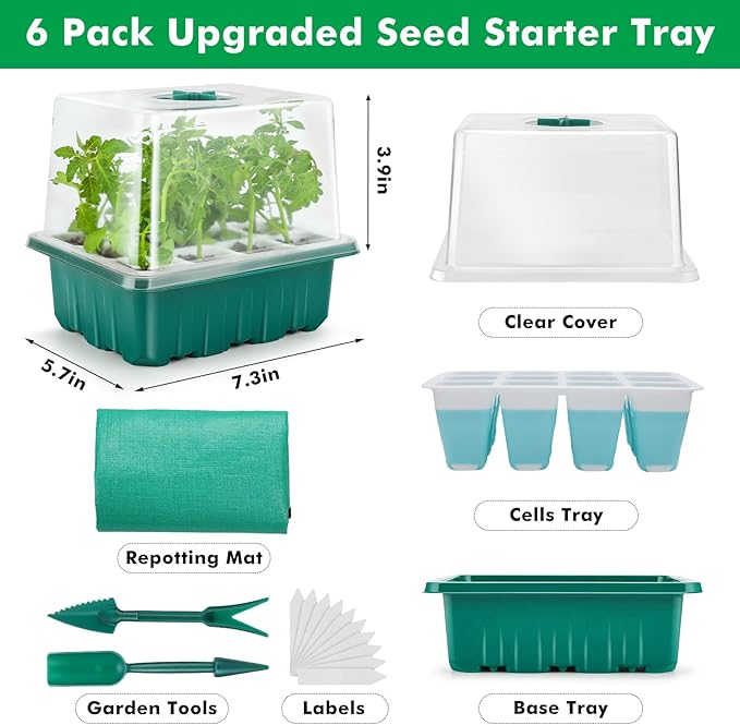 Hanaoyo Reusable Seed Starter Tray with 72 Soft Silicone Cells, 6 Pack Seed Starter Kit with Repotting Mat, Humidity Dome and High Lid, Germination Trays for Indoor Greenhouse Seed Starter