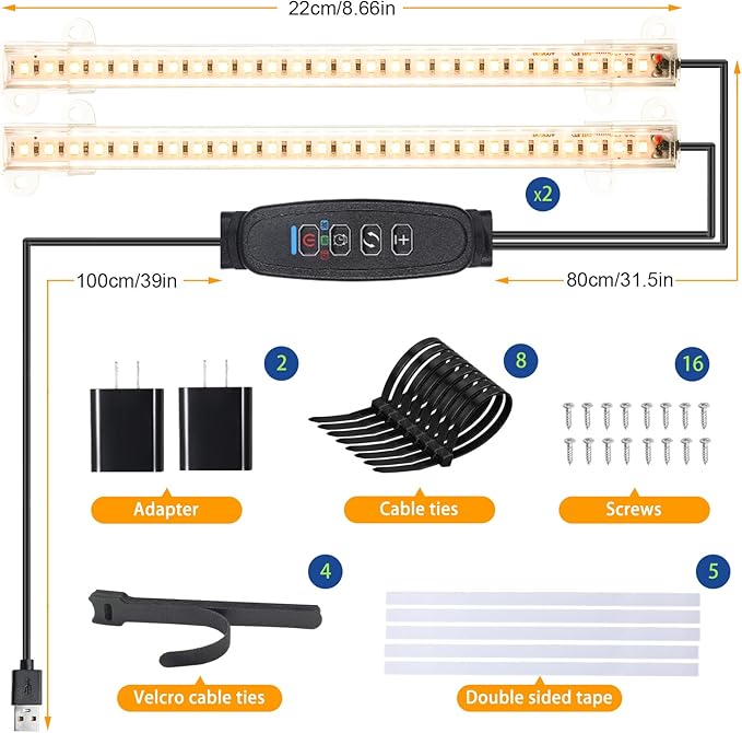 8.6'' Mini Two Strip Growing Lamp for Indoor Plants, 3000K Full Spectrum LED Grow Light Strips with Auto ON/Off 3/9/12H Timer & 10 Dimmable Levels for Green House Succulent (2 Head×2 Pack)