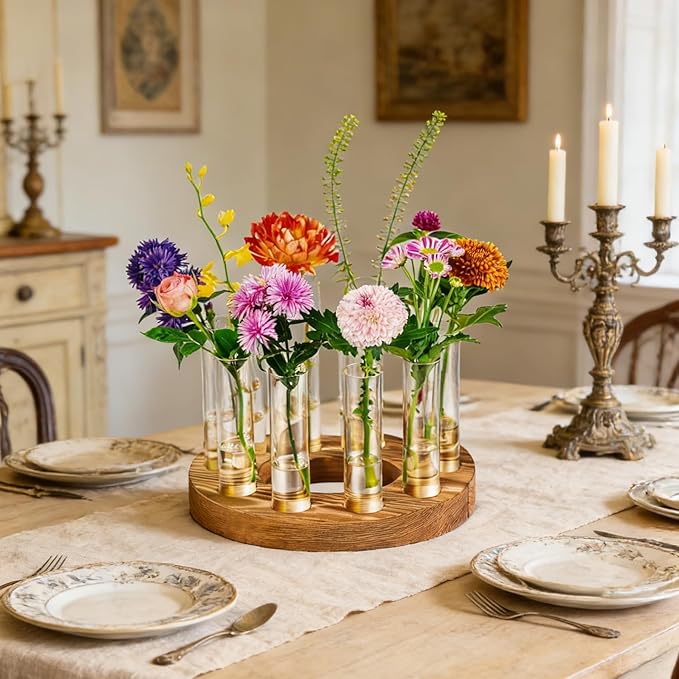 Melphoe Glass Bud Vases Small Flower Vase for Centerpieces Wedding Table Decorations, Home Decor, Propagation Station Plant Terrarium with Wooden Stand, Unique Plant Lover Gifts for Women (Brown)