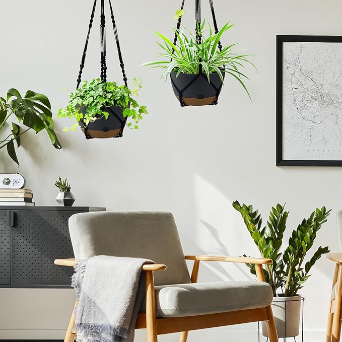 Koalaime 2 Pack Hanging Planters Set,10 Inch Indoor Outdoor Hanging Plant Pot Basket,Hanging Flower Pot with Drainage Hole with 3 Hooks for Garden Home… (Black Hanger Black Planters)
