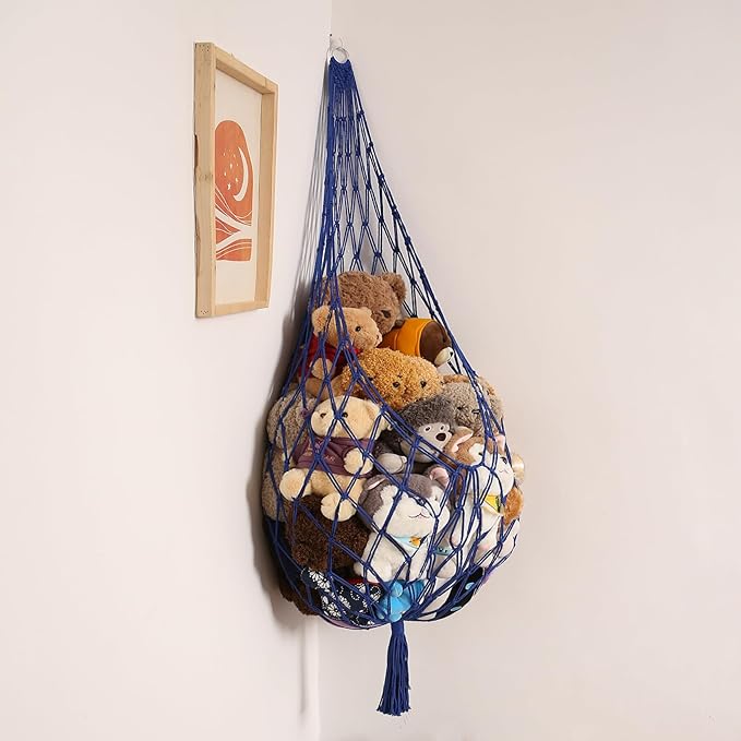Amdermi Stuffed Animal Storage Toy Hammock Corner Hanging Net for Stuff Animal Storage Macrame Toy Display Plushie Toy Holder-Wall Hanging Net for Kid Bedroom Decor Playroom Organizer (Blue XL)
