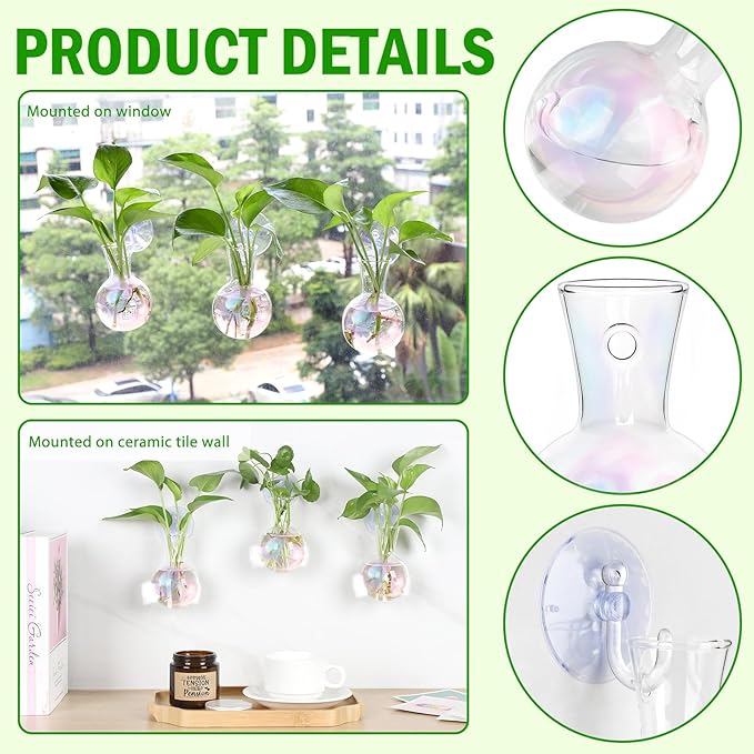 Bunmery 4 pcs Iridescent Window Propagation Stations, Easy to Install Plant Propagation Bulbs with Suckion Cups, No Nails Wall Hanging Planter Propagation Station, Glass Plant Terrarium Vase