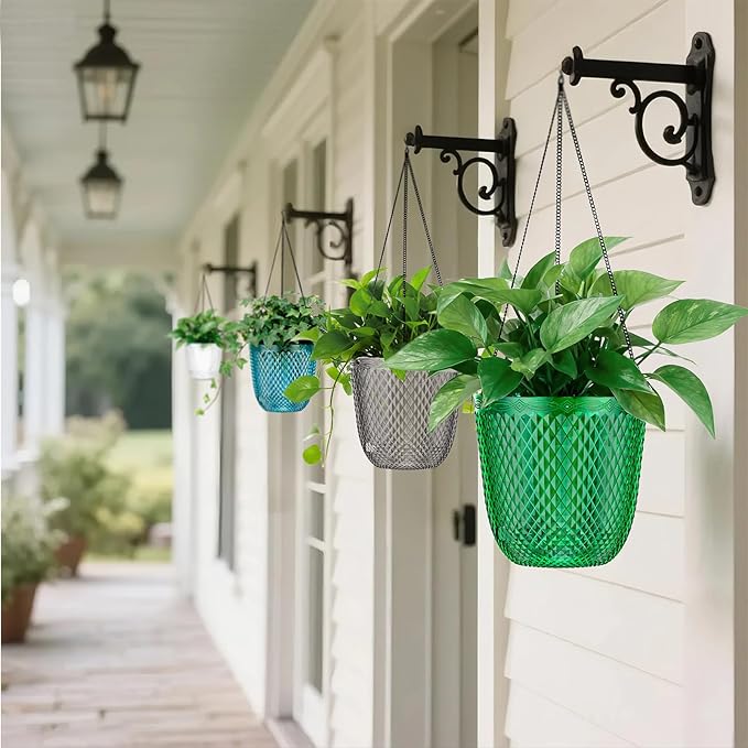 QCQHDU Hanging Planters for Indoor Plants, 2-Pack 5.7 Inch Self Watering Hanging Pots, Plastic Plant Hanger with Drainage Holes and 3 Hooks Chains for Garden Home (Emerald)