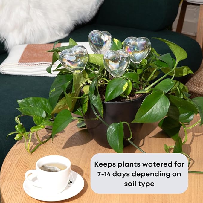 Heart Plant Watering Globes – 4-Pcs Set Self-Watering Globes – Water Globes for Indoor Plants, Flowers, Outdoor Plants – Watering Bulb Water Dripper – Cute Iridescent Glass Heart Globes