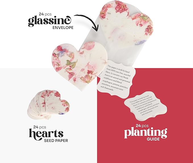 Pink Heart Gift Tags with Wildflower Seeds - 24pcs Writable Gift Wrap Tags for Baby Showers, Mother's Day Present, Party Favors, DIY Crafts, & Earth Day Decorations