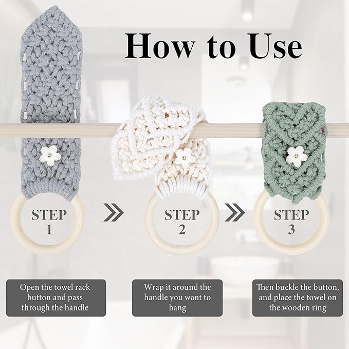BROWNLILY 4 Pcs Handmade Crochet Towel Holder with Unique Flower Button for Bathroom, Hanging Towel Rack for Kitchen, Macrame Towel Hanger Over The Cabinet Oven Stove Door - Single Ring