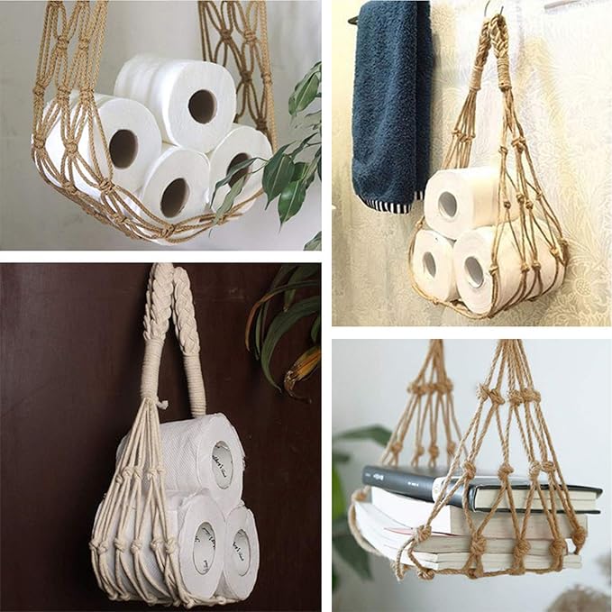 Pesine Toilet Paper Storage Holder Wall Hanging Storage Mesh Bag Boho Handmade Cotton Net Bag Paper Roll Holder for Home Bedroom Bathroom Living Room,Brown,M