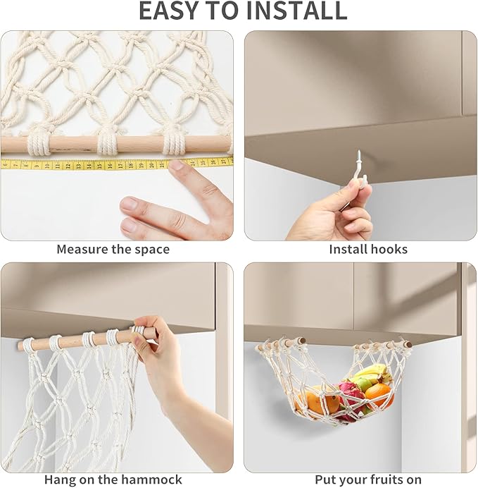 Hanging Fruit Hammock with Hooks, Hanging Fruit Basket Under the Kitchen Cabinet for Storing Banana Fruits, Hand-Woven Hanging Basket, Valentine's Gifts for Kitchen Décor, Rectangle