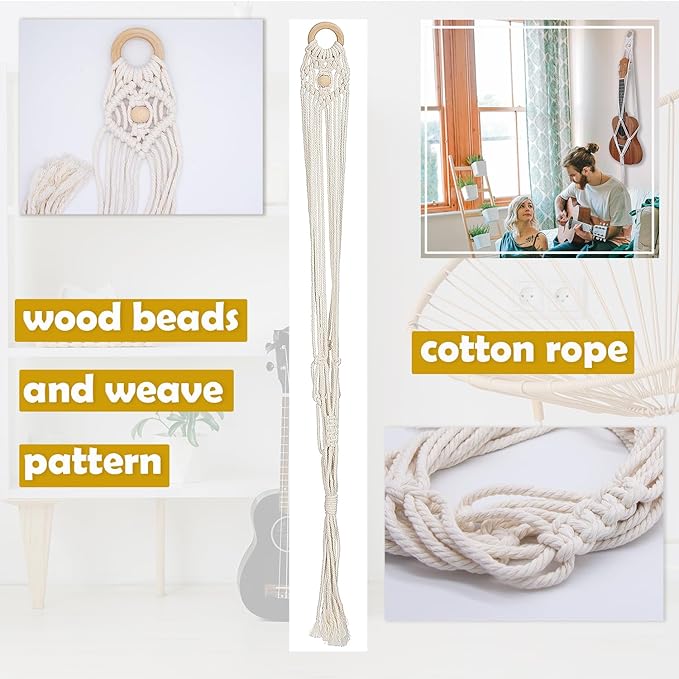 Macrame Ukulele Hanger Wall Mount - Handwoven Holder for Soprano Ukulele, Boho Wall Decor, Natural Cotton Rope with Protective Padding
